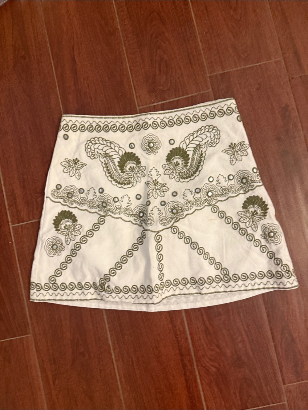 Zara White Skirt with Olive Green Embroidery